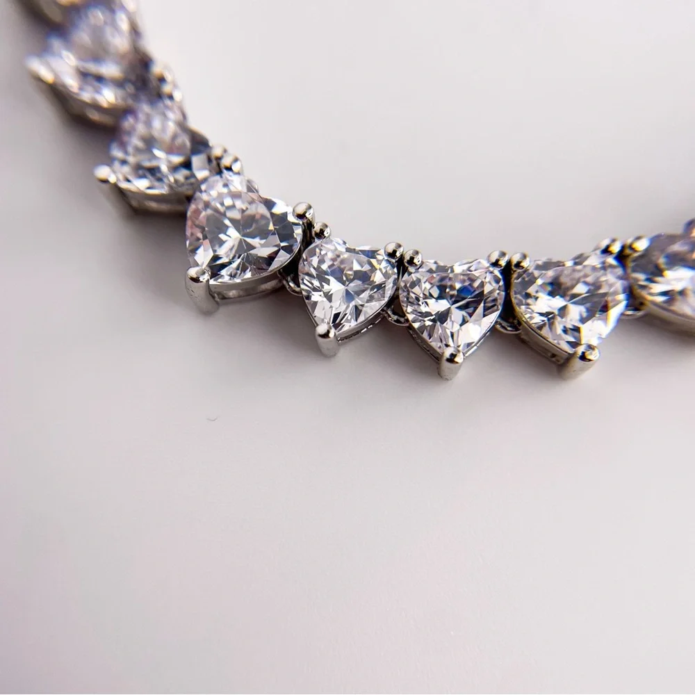 Silver Toned Heart Shaped Cubic Zirconia Tennis Necklace. 22 Inches. - Picture 10 of 13